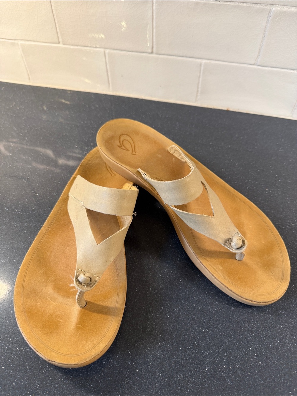 OluKai Women's Sandals in Tan and Light Beige Leather